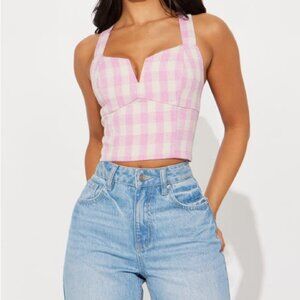 Fashion Nova Women’s Medium Tweed Corset Top Pink/combo Tank Zipper Woven Check